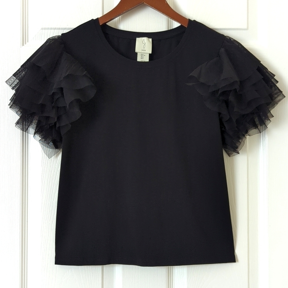 Joie Flirty Ruffled Tiered Tulle Short Sleeve Lightweight Crewneck Top Black L